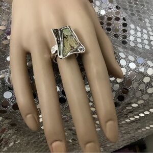 Silver and Green abalones stretch Statement Ring